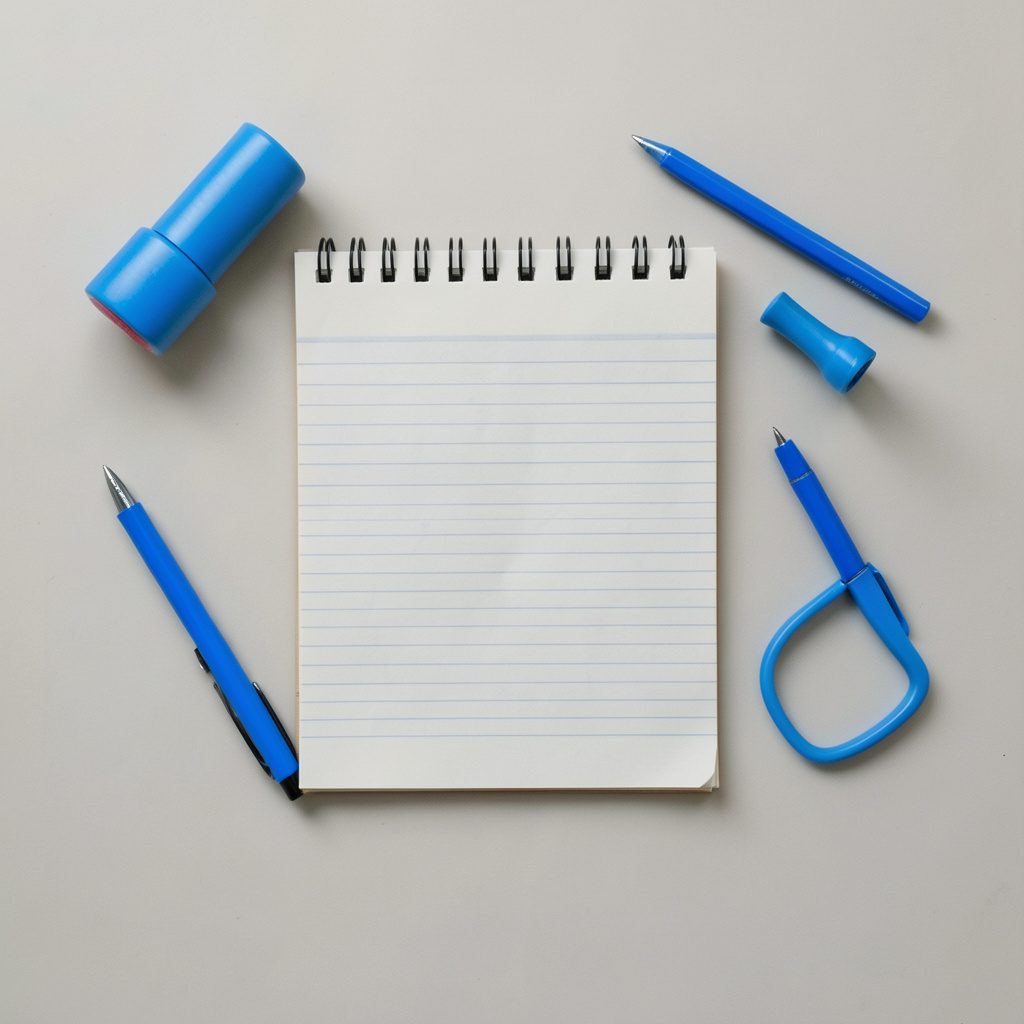 Overhead flat-lay photograph of a notepad filled with analytical writing essay plans, pens, and a timer on a pale gray background.